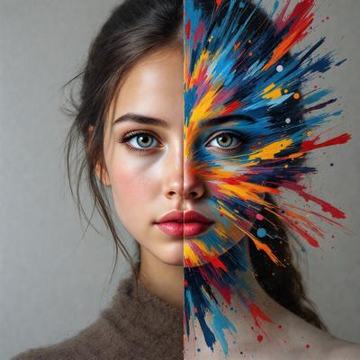 The primary subject of the image is a woman with two different colored faces. One face is painted with a blue color, while the other face is painted with a yellow color. The setting is a room with a wall, and the visual style is a digital art or illustration. The dominant colors and overall atmosphere are vibrant and lively, with the two faces creating a striking contrast.